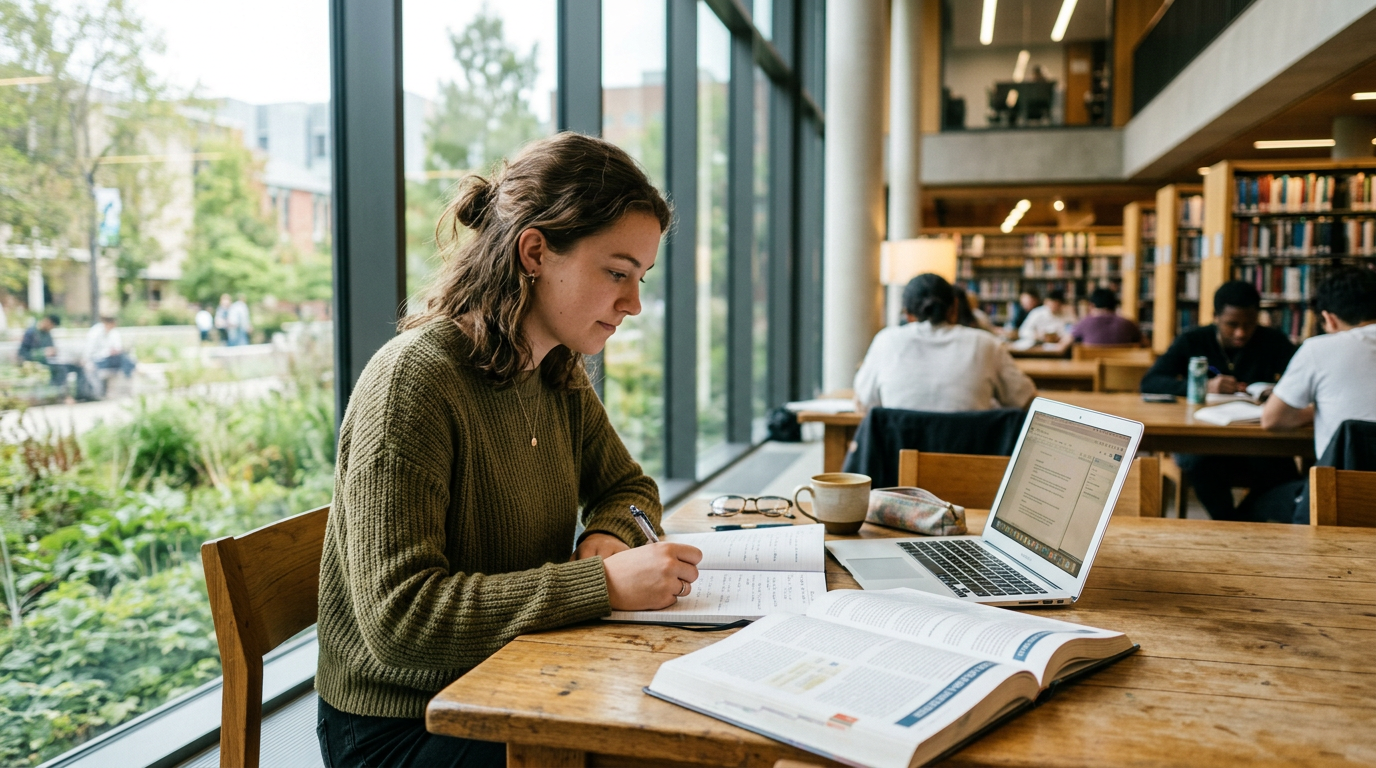 A student studying at a table in the University Libraries