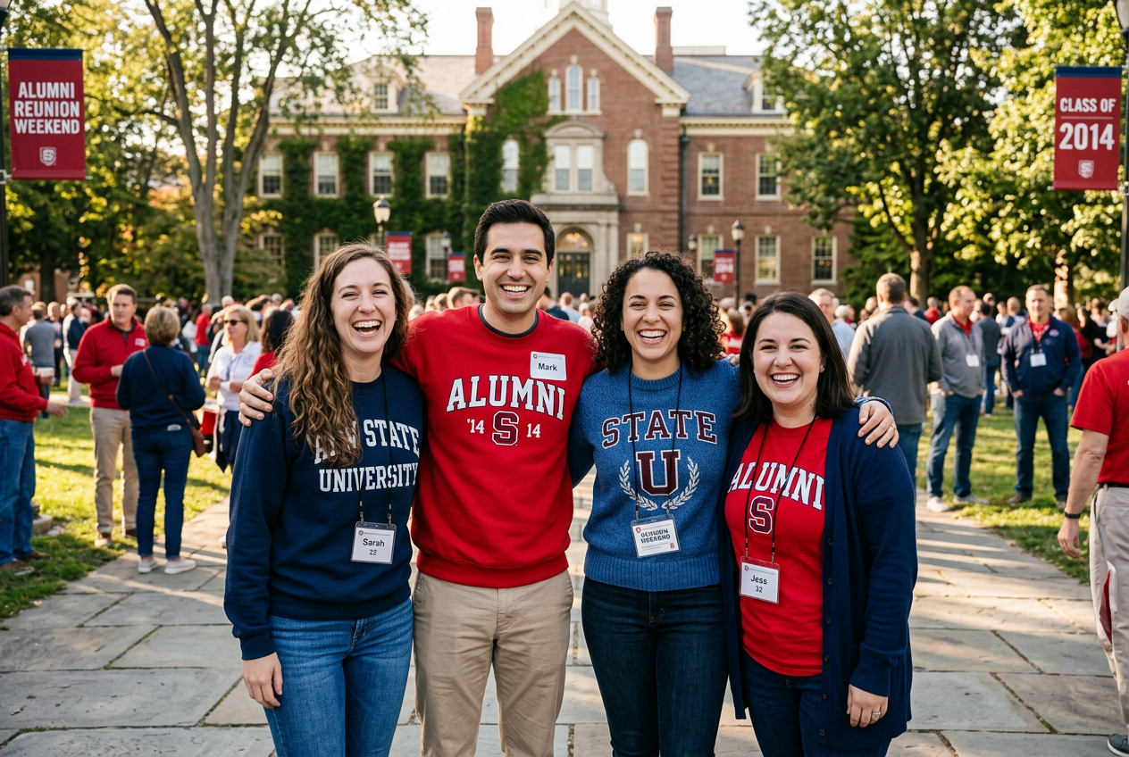 Four smiling alumni at Reunion Weekend