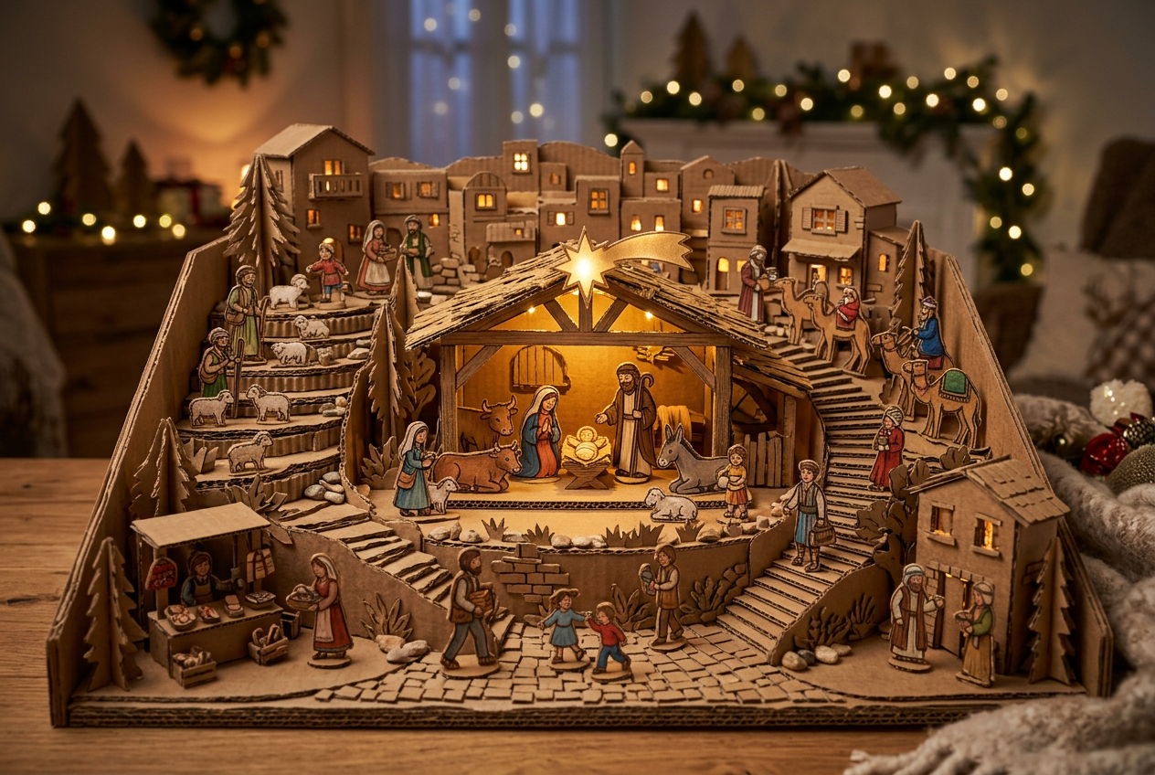 Three-dimensional cardboard Nativity scene with villagers