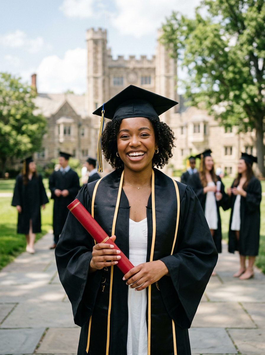 Student smiling and holding diploma at graduation