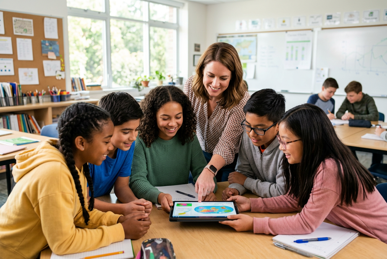 Teacher and students using a tablet in a classroom