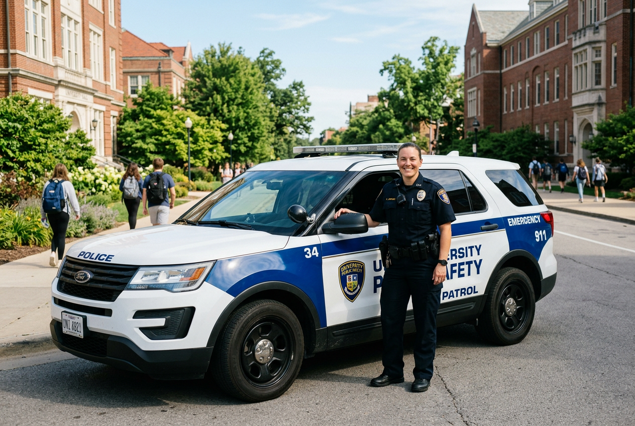 Police officer smiling by vehicle