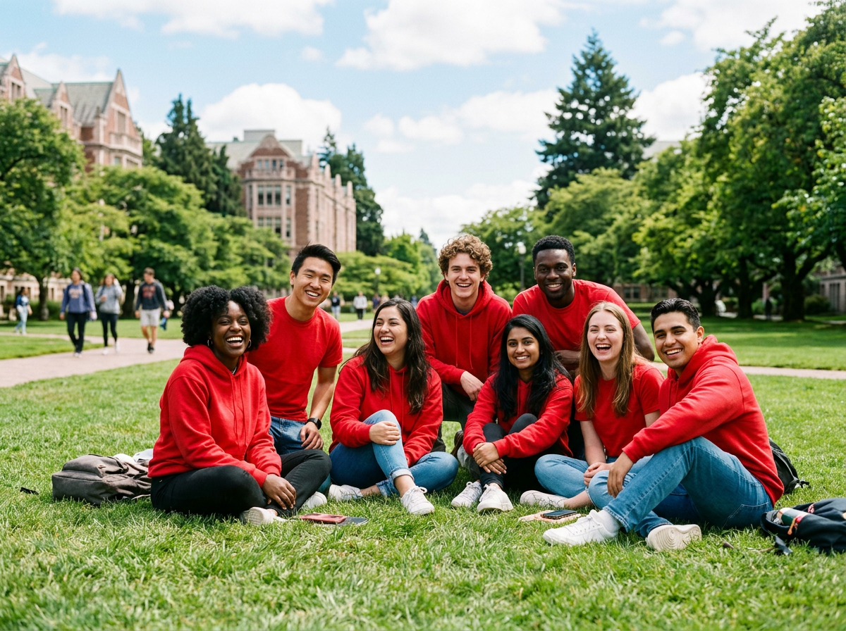 Smiling students in red on the University of Dayton campus