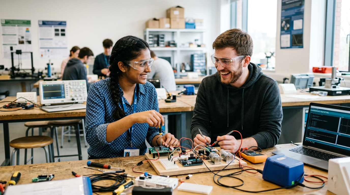 Male and female engineering students working together in a lab